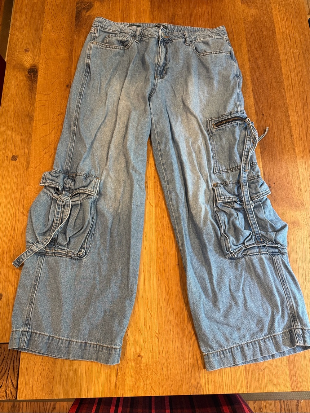 Wild Fable Mid Rise Baggy Cargo Jeans Light Wash Wide Leg Utility Women 12